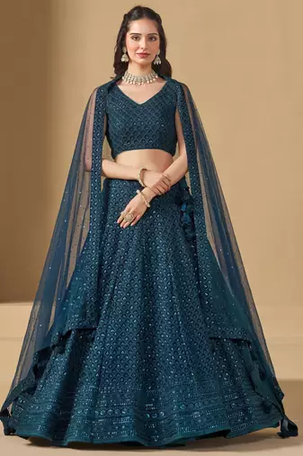 teal blue thread work georgette lehenga set choli with dupatta