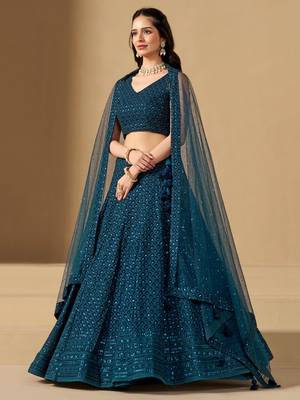 teal blue thread work georgette lehenga set choli with dupatta 1