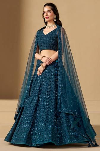 Teal Blue Thread Work Georgette Lehenga Choli