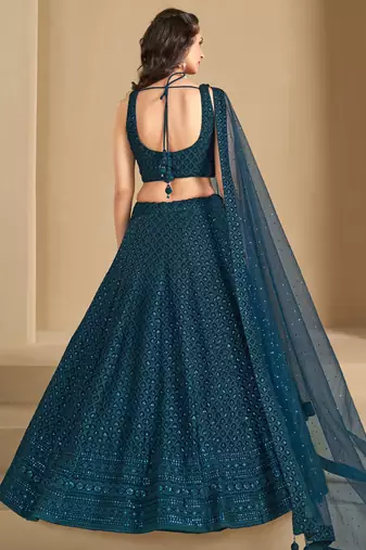 teal blue thread work georgette lehenga set choli with dupatta