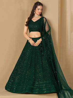 Bottle Green Sequins Work Georgette Lehenga Choli 3