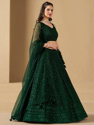 Bottle Green Sequins Work Georgette Lehenga Choli 4
