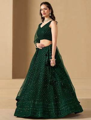 Bottle Green Sequins Work Georgette Lehenga Choli 5