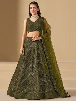 Mehendi Green Sequins Georgette Monochrome Lehenga Choli 1