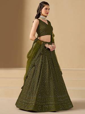 Mehendi Green Sequins Georgette Monochrome Lehenga Choli 3