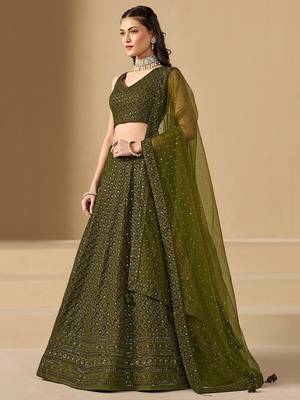 Mehendi Green Sequins Georgette Monochrome Lehenga Choli 4