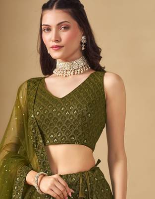 Mehendi Green Sequins Georgette Monochrome Lehenga Choli 5