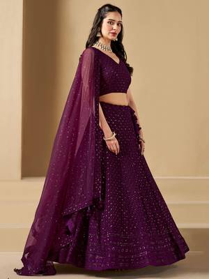 wine thread embroidery georgette lehenga set choli with dupatta 4