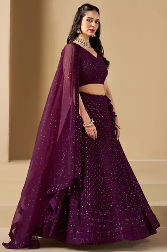wine thread embroidery georgette lehenga set choli with dupatta