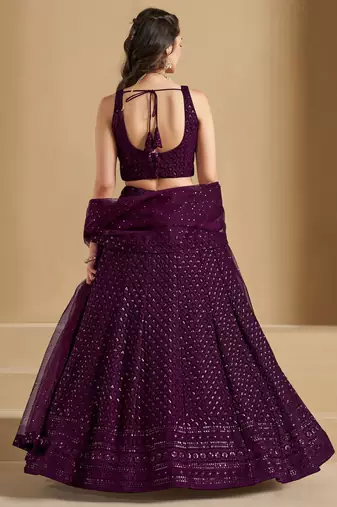 wine thread embroidery georgette lehenga set choli with dupatta