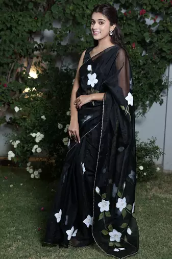 Black organza hand printed saree
