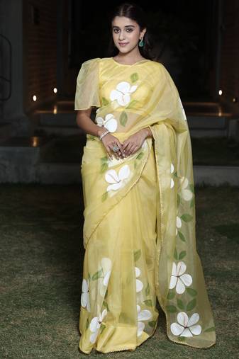 Yellow organza hand printed saree