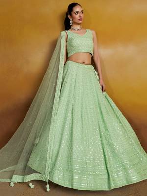 mint green thread embroidered georgette lehenga set choli with dupatta 1