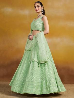 mint green thread embroidered georgette lehenga set choli with dupatta 3