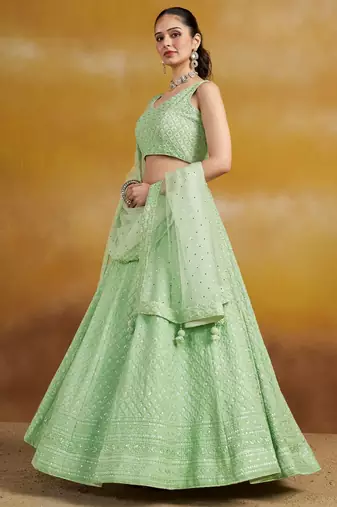 mint green thread embroidered georgette lehenga set choli with dupatta