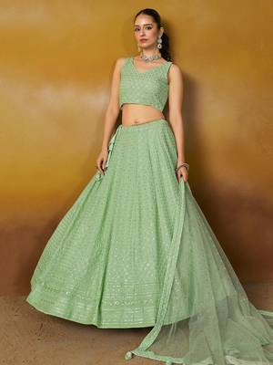 mint green thread embroidered georgette lehenga set choli with dupatta 4