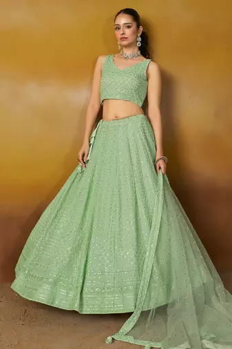 mint green thread embroidered georgette lehenga set choli with dupatta