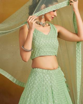 mint green thread embroidered georgette lehenga set choli with dupatta 5
