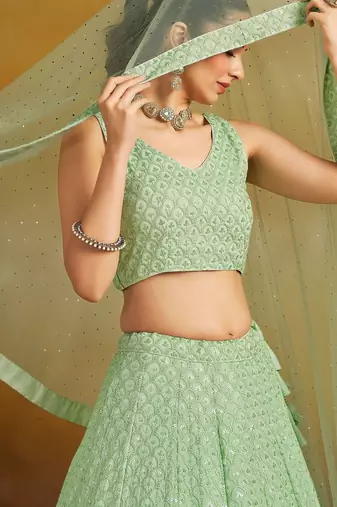 mint green thread embroidered georgette lehenga set choli with dupatta