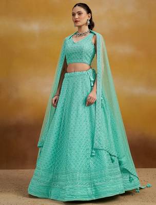 sky blue thread work georgettelehenga set choli with dupatta 1