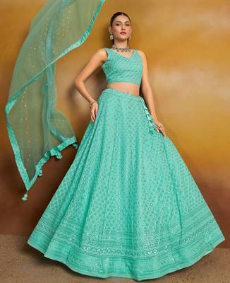 sky blue thread work georgettelehenga set choli with dupatta 3