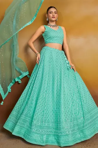 sky blue thread work georgettelehenga set choli with dupatta