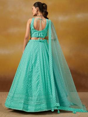 sky blue thread work georgettelehenga set choli with dupatta 4