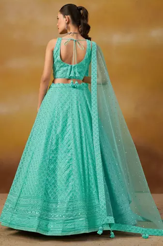 sky blue thread work georgettelehenga set choli with dupatta
