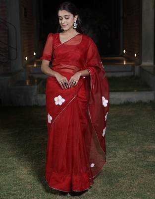 Maroon organza hand printed saree 1