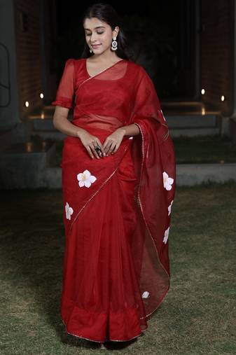 Maroon organza hand printed saree