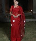 Maroon organza hand printed saree