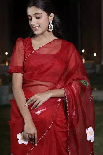 Maroon organza hand printed saree