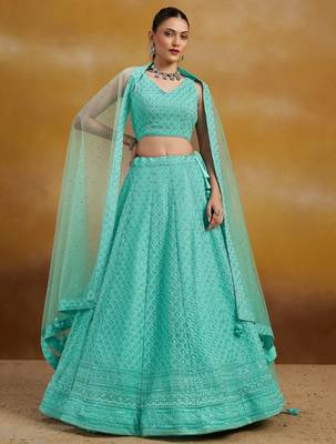 sky blue thread work georgettelehenga set choli with dupatta 5