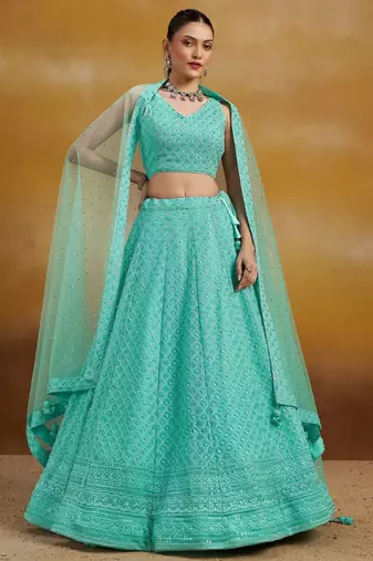 sky blue thread work georgettelehenga set choli with dupatta