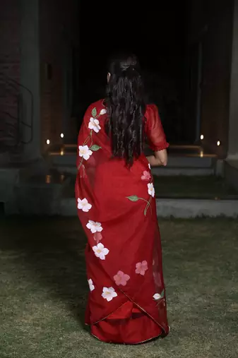 Maroon organza hand printed saree
