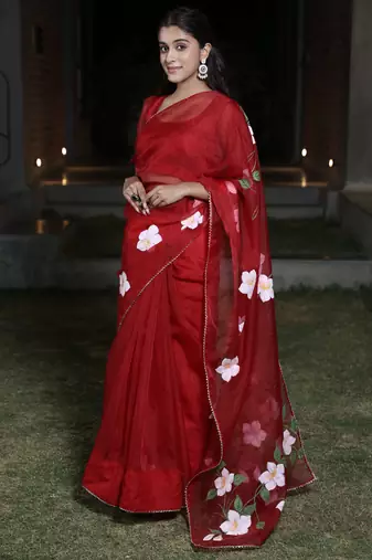 Maroon organza hand printed saree