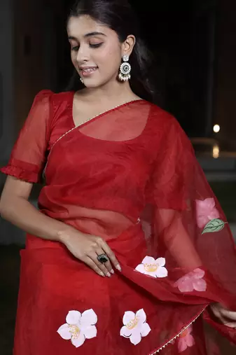 Maroon organza hand printed saree
