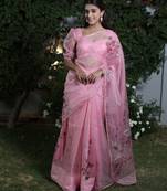 Pink organza hand printed saree