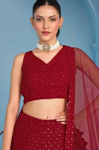 red thread work georgettelehenga set choli with dupatta