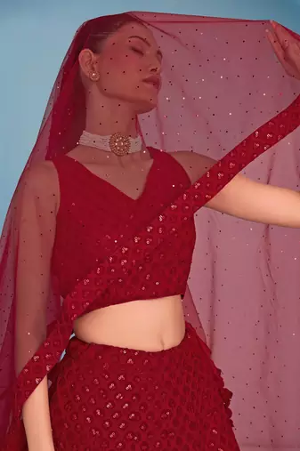 red thread work georgettelehenga set choli with dupatta