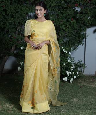 Yellow organza hand printed saree 1