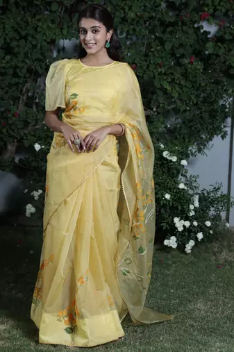 Yellow organza hand printed saree