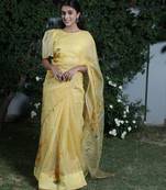 Yellow organza hand printed saree
