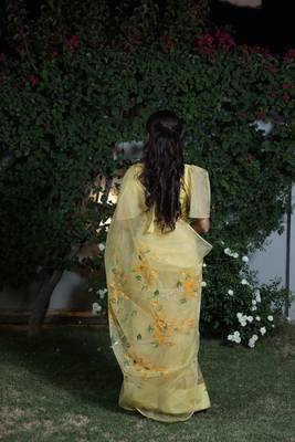 Yellow organza hand printed saree 3