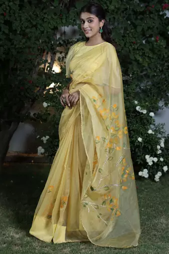 Yellow organza hand printed saree