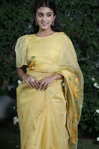 Yellow organza hand printed saree