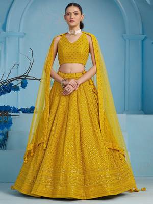 yellow sequins work georgette lehenga set choli with dupatta 1