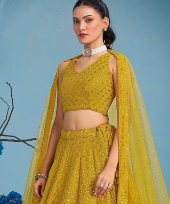 yellow sequins work georgette lehenga set choli with dupatta 3