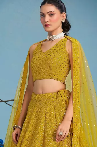yellow sequins work georgette lehenga set choli with dupatta
