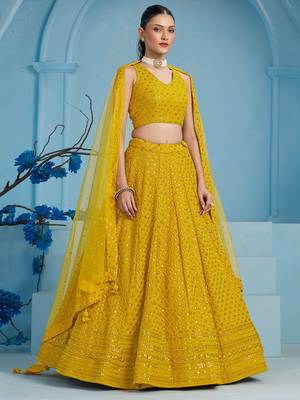 yellow sequins work georgette lehenga set choli with dupatta 4